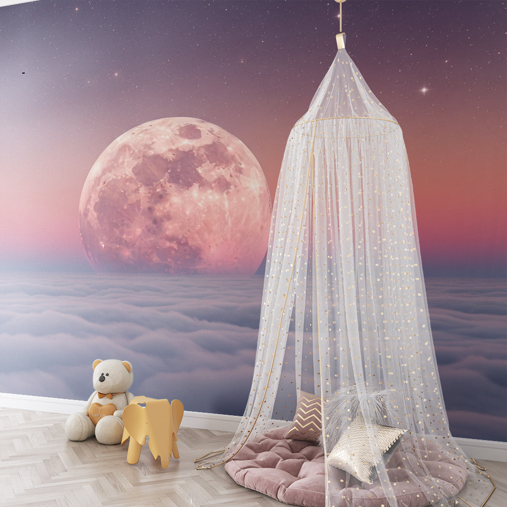 Kids-Mundo pink moon and clouds wall mural featured in a calm children's bedroom