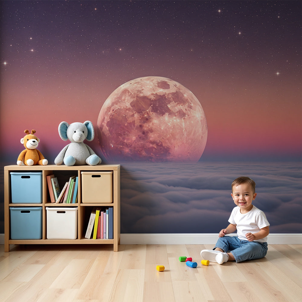 Rose moon wall mural by Kids-Mundo styled in a dreamy baby nursery room