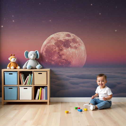 Rose moon wall mural by Kids-Mundo styled in a dreamy baby nursery room