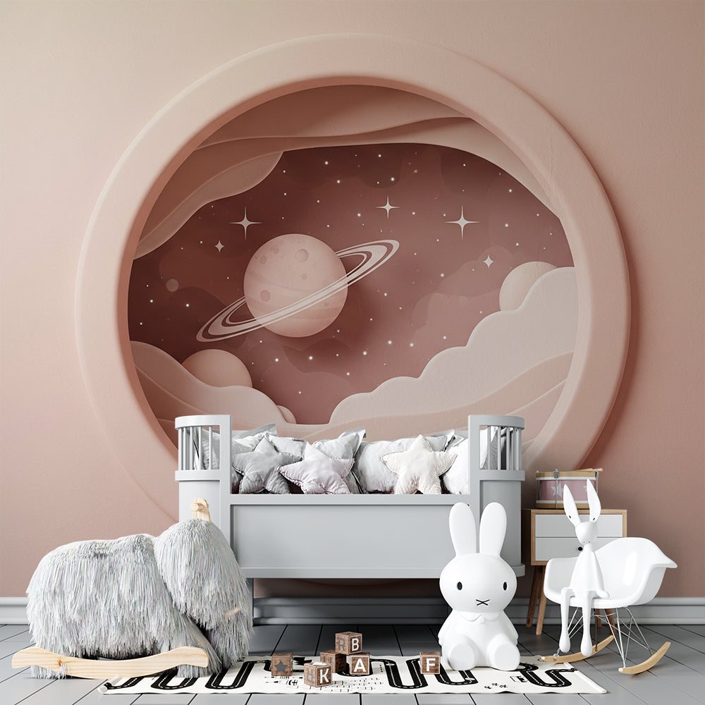 Kids-Mundo round porthole mural brightening a gentle children's playroom wall