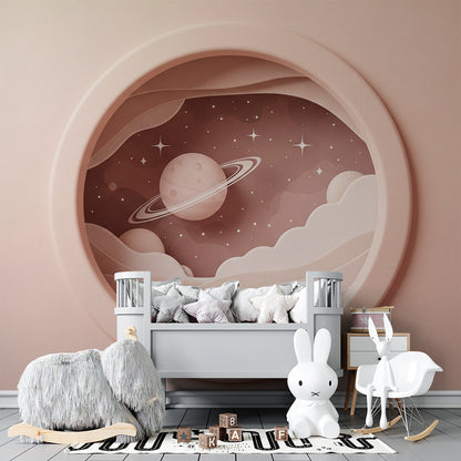 Kids-Mundo round porthole mural brightening a gentle children's playroom wall