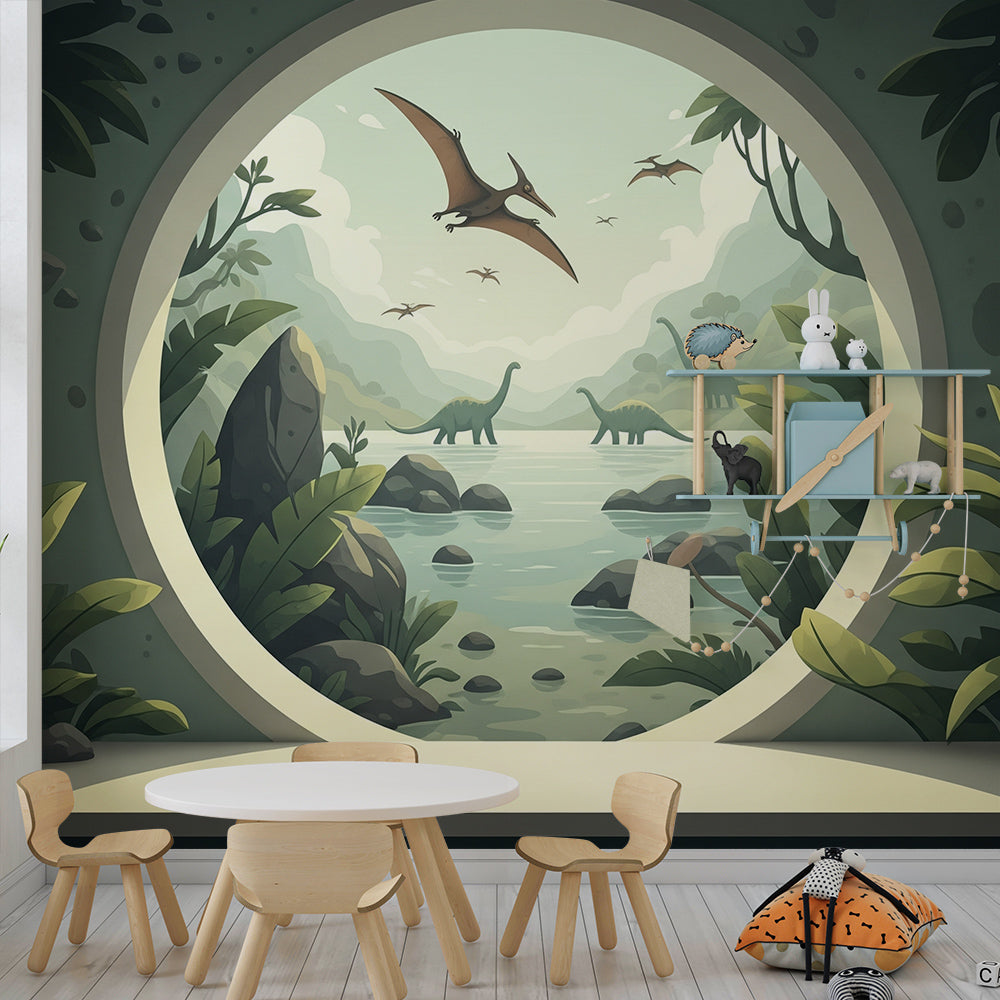 Kids-Mundo dinosaur lake mural behind a bed in a peaceful, water-themed kids bedroom.