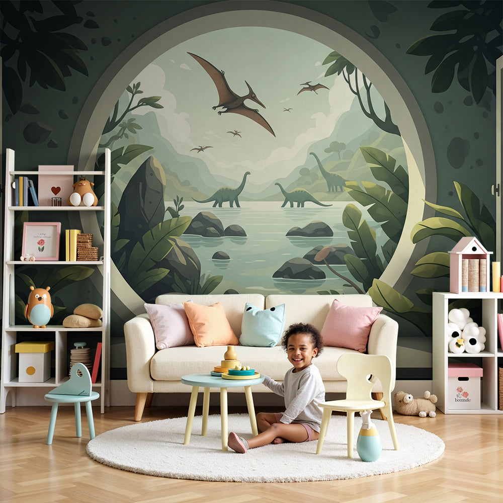 Kids-Mundo round window dinosaur wall mural in a calm blue-green nursery with a crib.