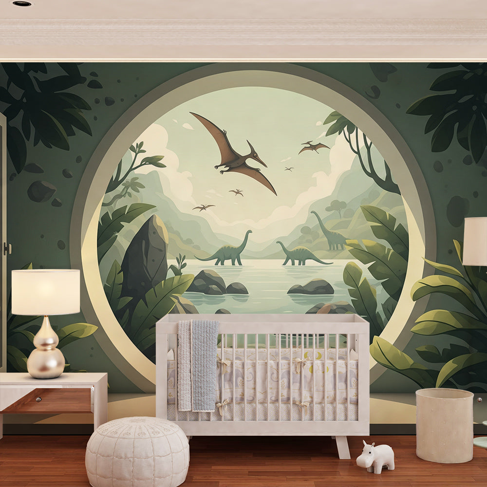 Kids-Mundo round window mural filling a wall in a bright, dinosaur-themed playroom.