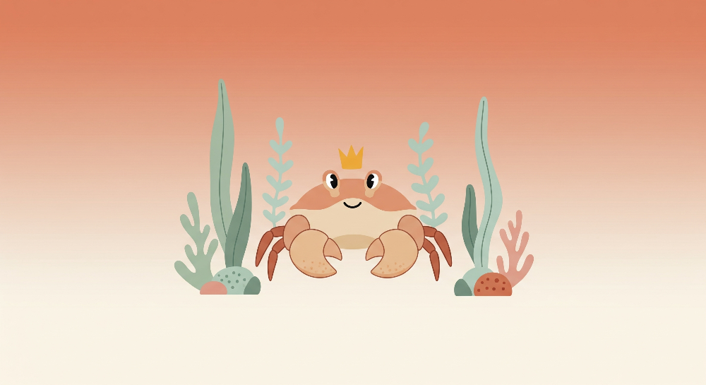 Kids-Mundo flat artwork of a smiling crab wearing a gold crown among seaweed and coral.