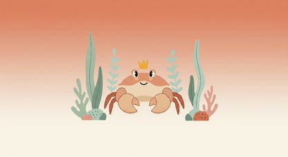 Kids-Mundo flat artwork of a smiling crab wearing a gold crown among seaweed and coral.