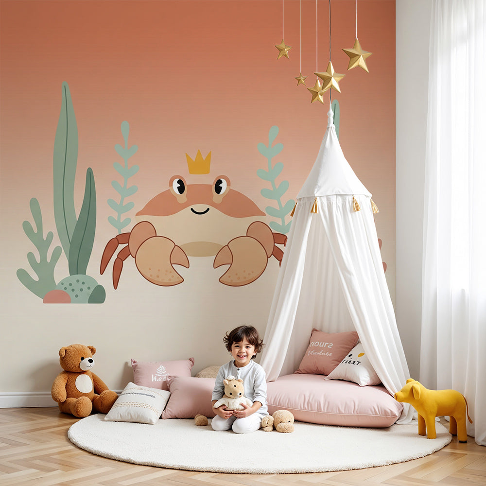 Kids-Mundo royal crab and coral wall mural styled in a warm, coastal-themed nursery.