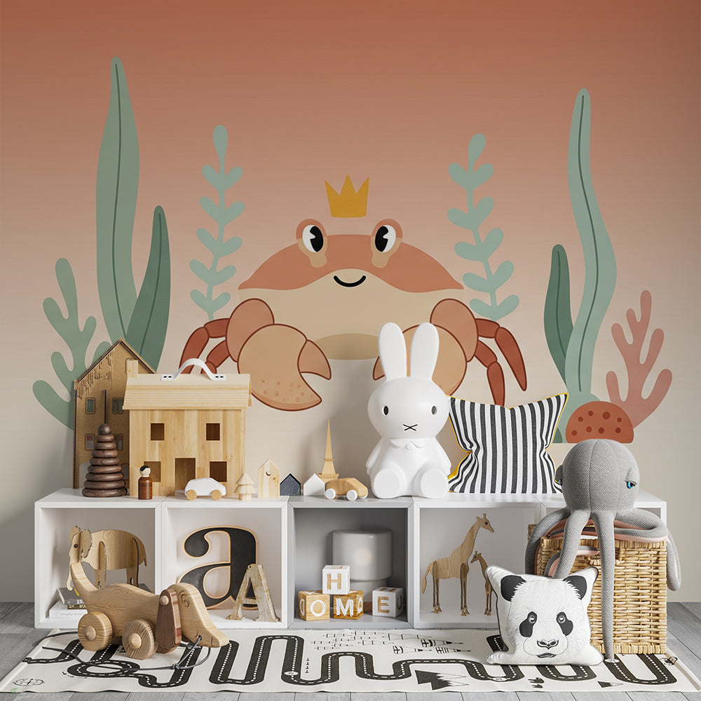 Kids-Mundo crab and coral wall mural bringing a fun sea theme to a bright family playroom.