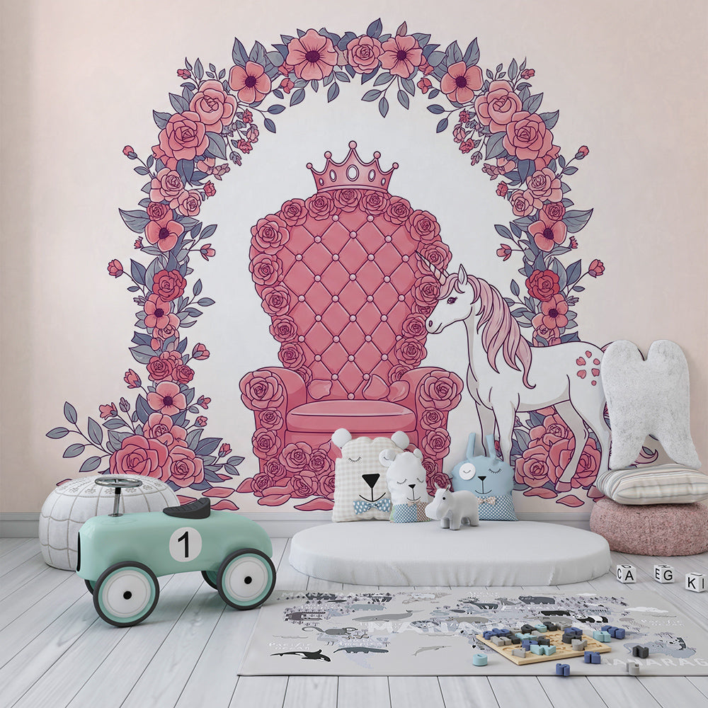 Kids-Mundo crowned throne unicorn mural covering a feature wall in a girl's bedroom