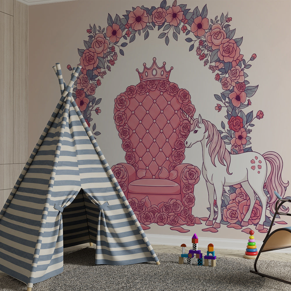 Kids-Mundo unicorn throne and rose mural giving a regal corner to a children's playroom