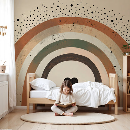 Kids-Mundo rust and sage boho rainbow confetti mural on a nursery accent wall