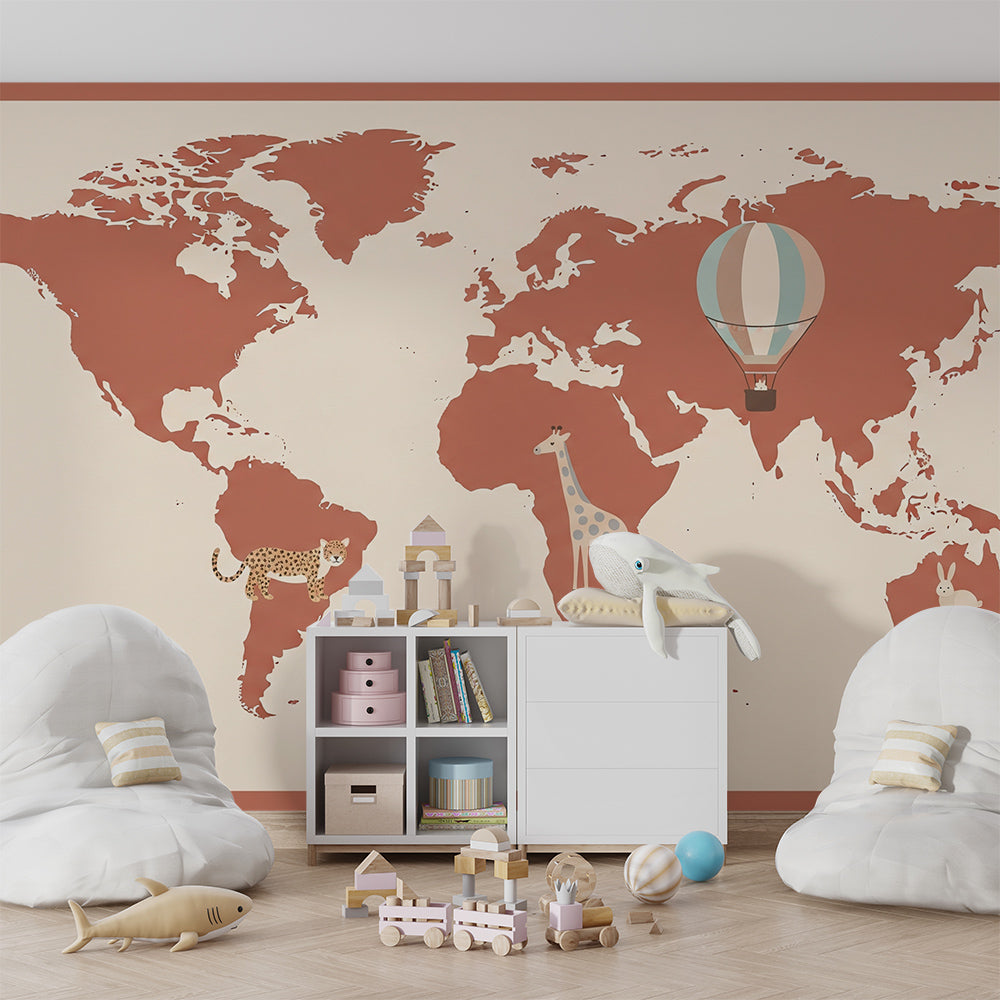 Kids-Mundo terracotta world map mural with hot air balloon on a bedroom wall