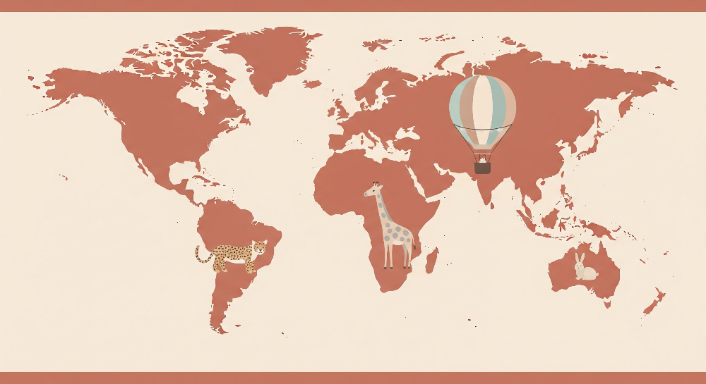 Rust-Toned World Map with Leopard and Balloon Wall Mural