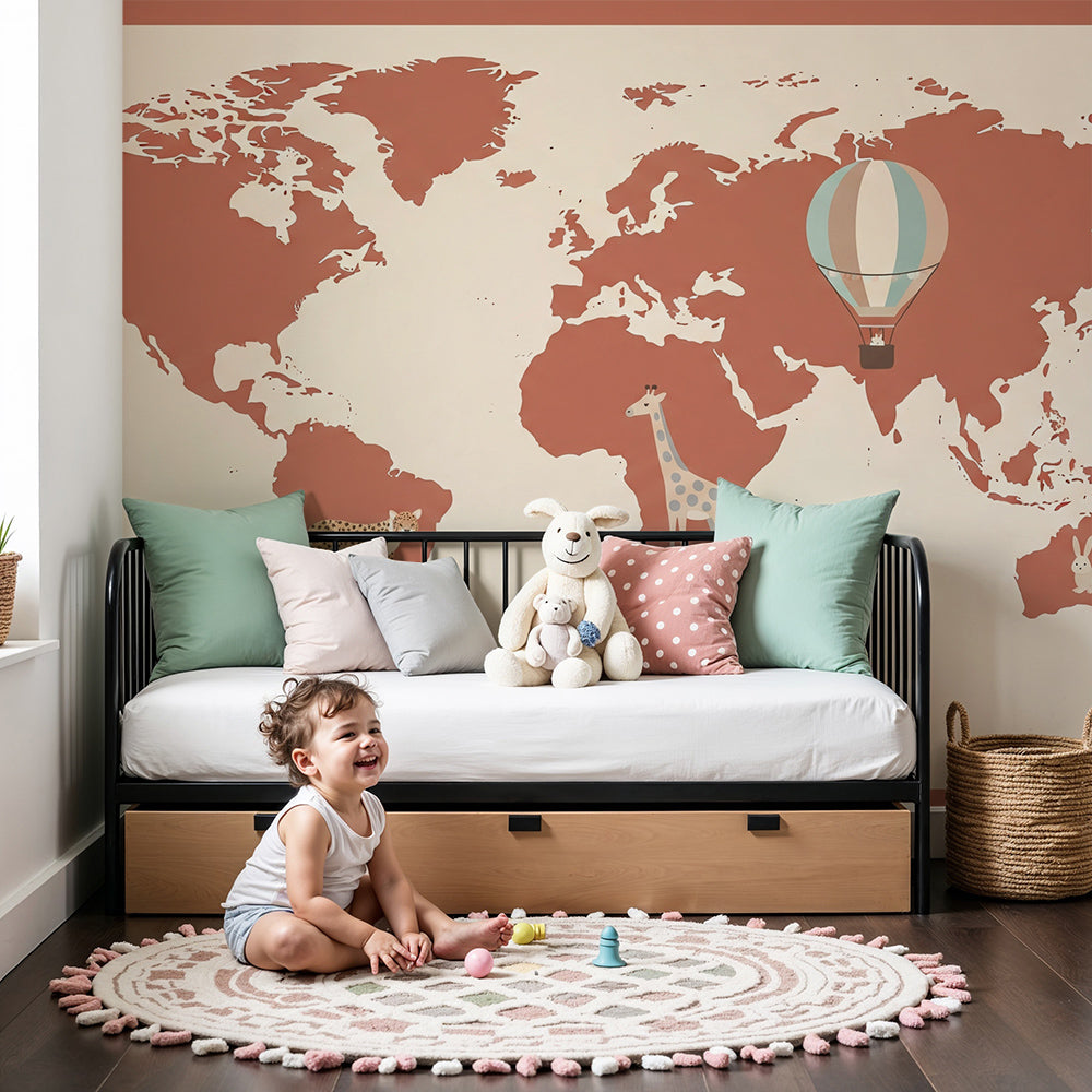 Kids-Mundo rust-toned world map wall mural with leopard and giraffe in a nursery