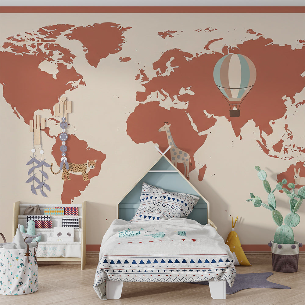 Kids-Mundo bordered world map mural with rabbit and leopard in a playroom