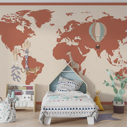 Kids-Mundo bordered world map mural with rabbit and leopard in a playroom