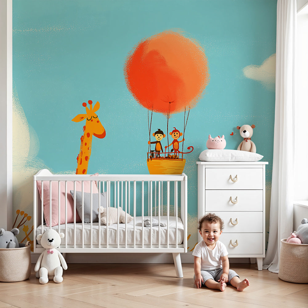 Safari adventure mural wallpaper with giraffe and monkeys in modern nursery by Kids-Mundo