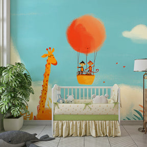 Animal adventure wallpaper transforming playroom with hot air balloon theme