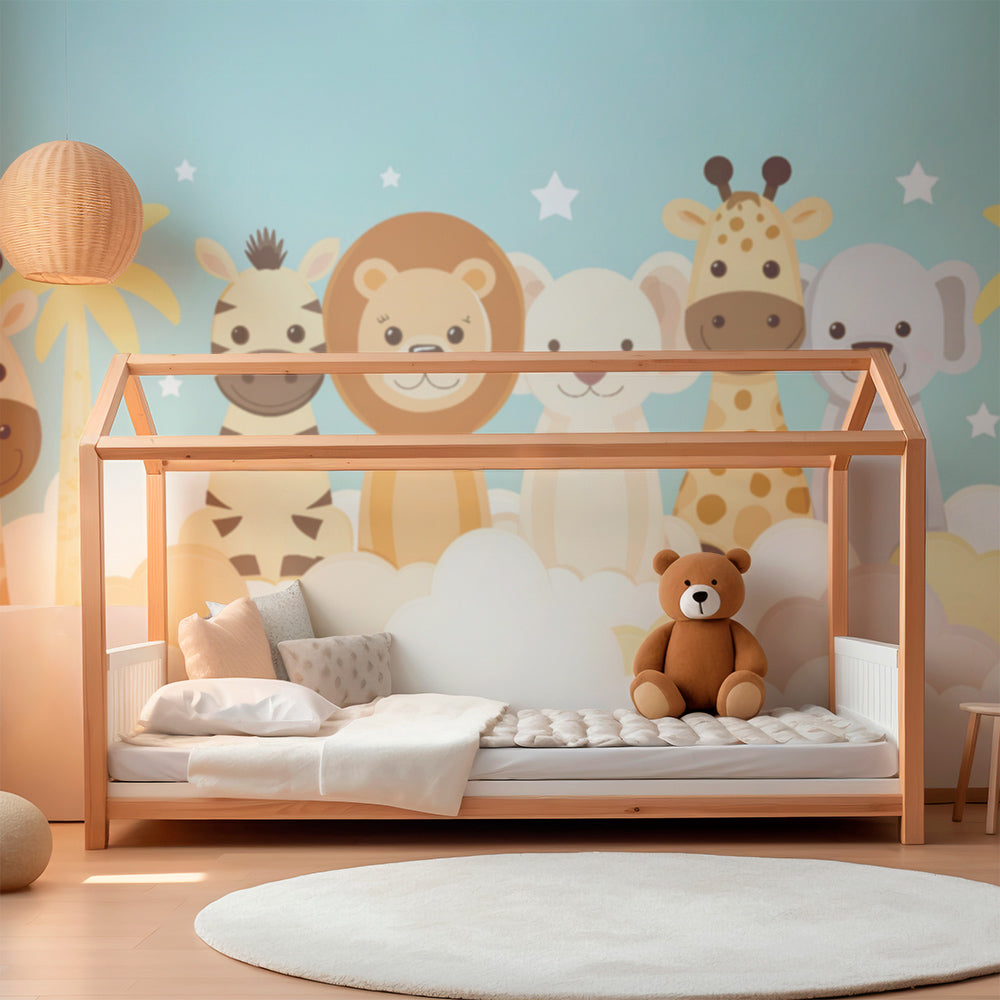 Kids-Mundo giraffe, lion and zebra mural wallpaper on a feature wall in a child's bedroom