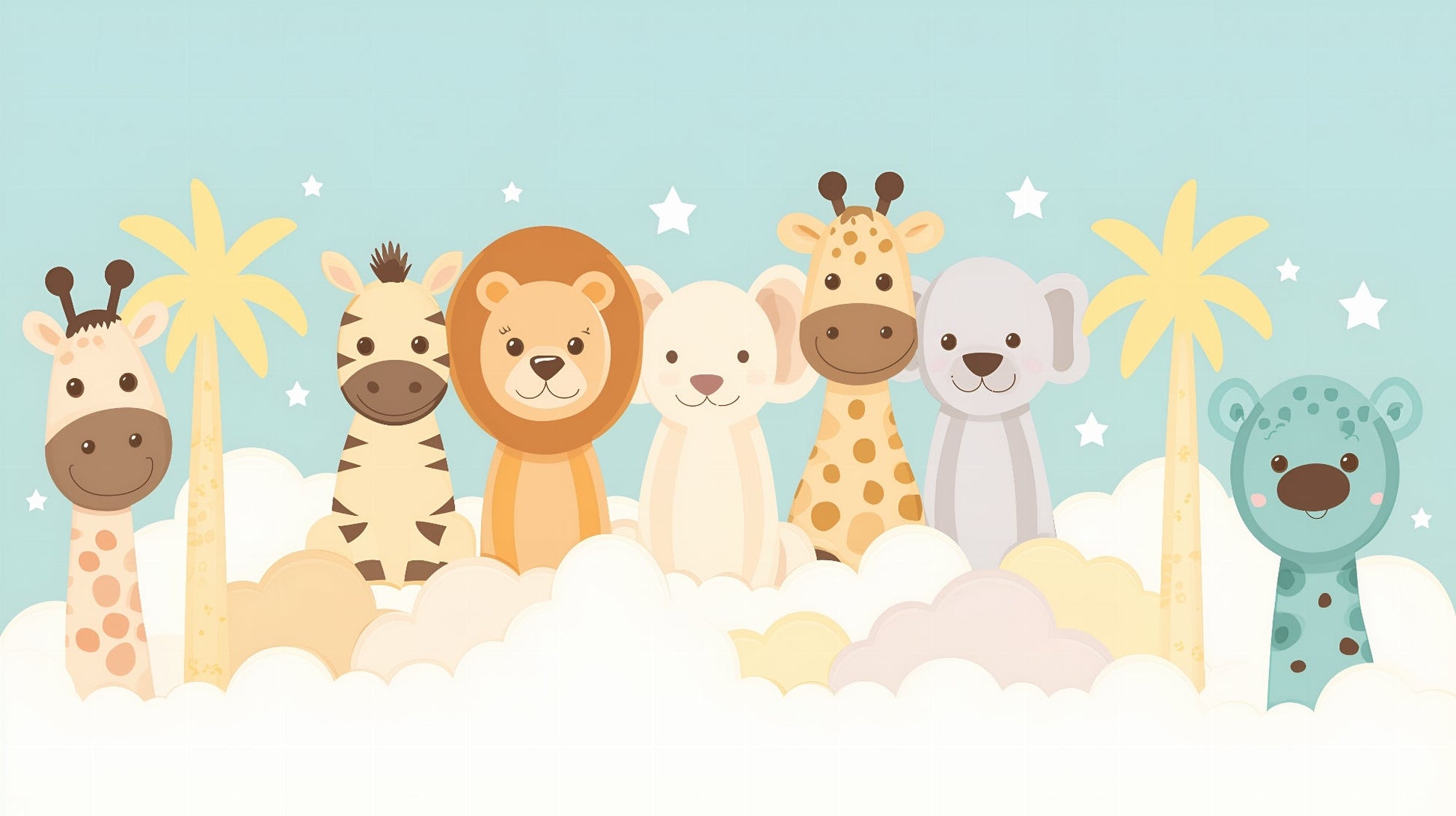 Kids-Mundo flat artwork of safari animal friends peeking through clouds under a mint sky