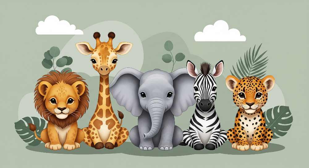 Cute Safari Animals Line-Up Wall Mural
