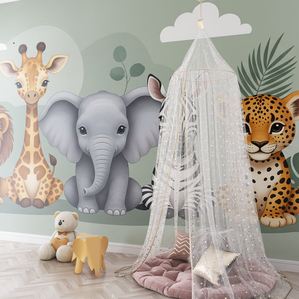 Kids-Mundo cheerful safari animals wall mural brightening a kids playroom