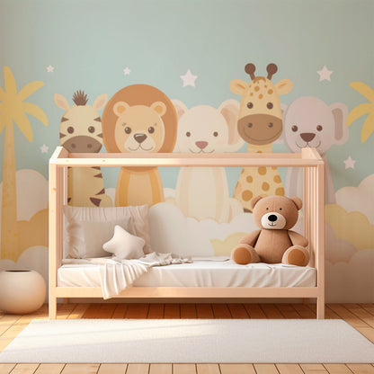 Kids-Mundo row of safari animal friends mural covering a bright playroom wall