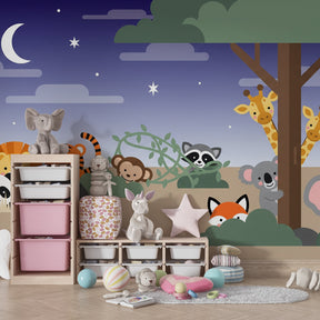 Children's safari wallpaper creating magical bedroom decor with friendly animals and moon