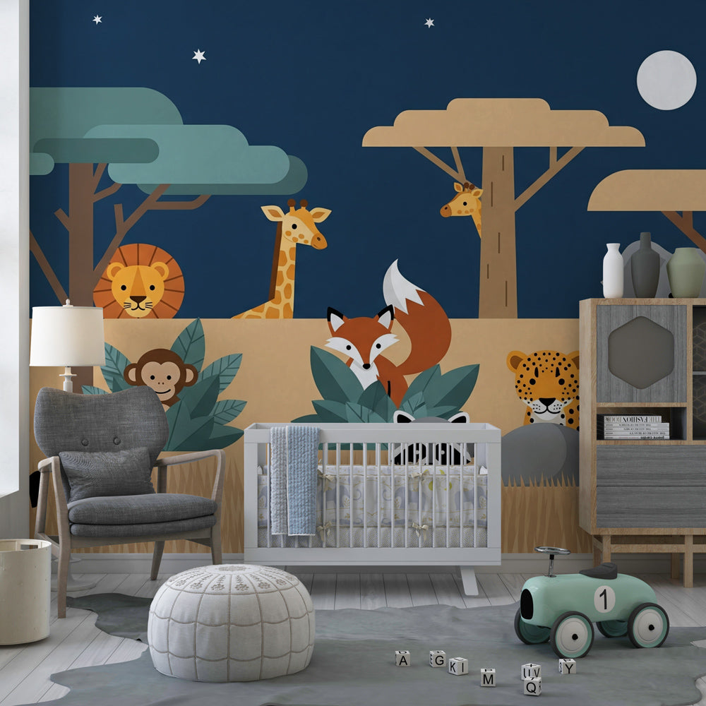 Moonlit adventure safari wallpaper creating magical atmosphere in children's bedroom
