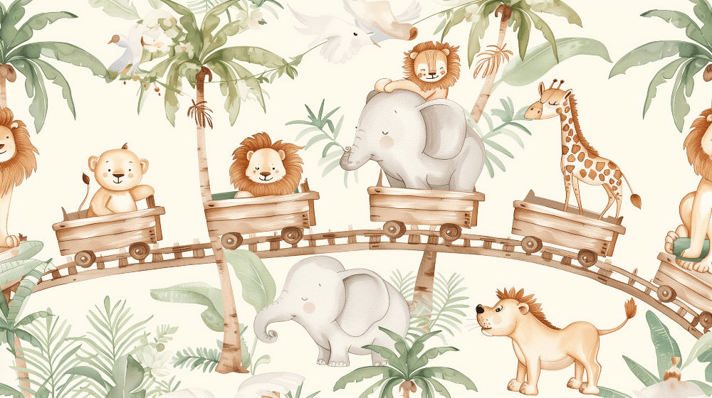 Detailed safari animal mural wallpaper design pattern with palm trees and jungle creatures by Kids-Mundo