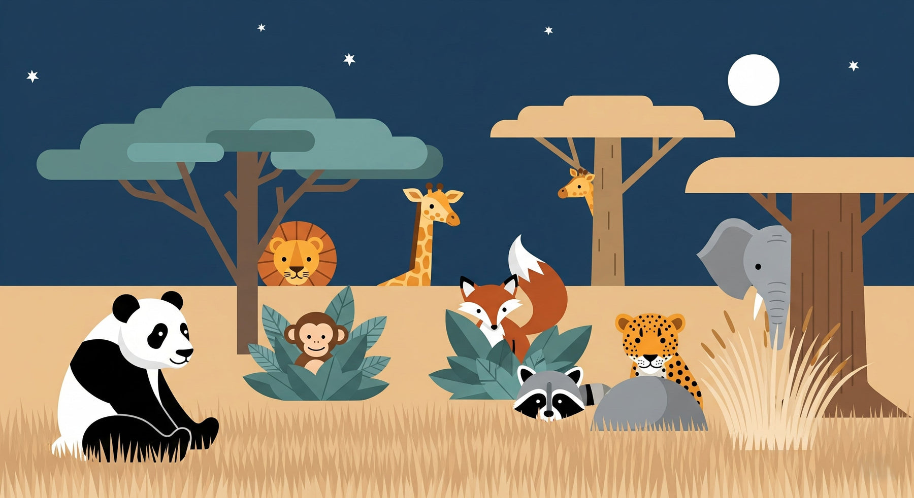 Detailed safari animal mural wallpaper design pattern with panda, elephants, and giraffes by Kids-Mundo