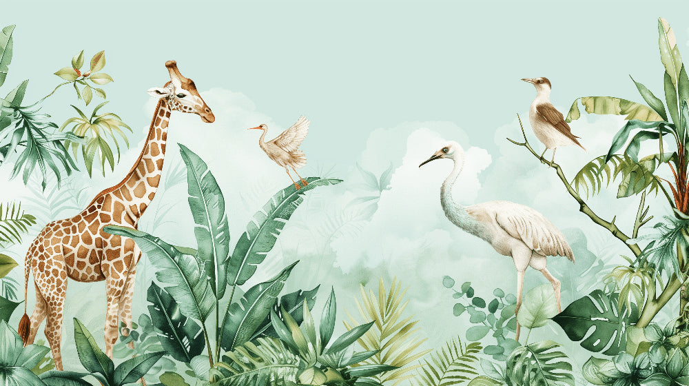 Detailed watercolor safari animal wallpaper design pattern with giraffes and exotic birds by Kids-Mundo