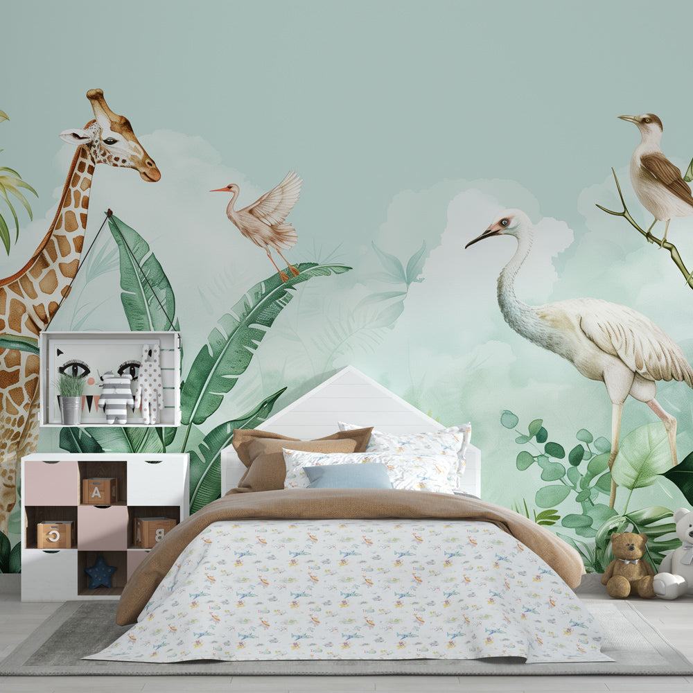 Green safari animal mural wallpaper transforming children's room into wildlife sanctuary