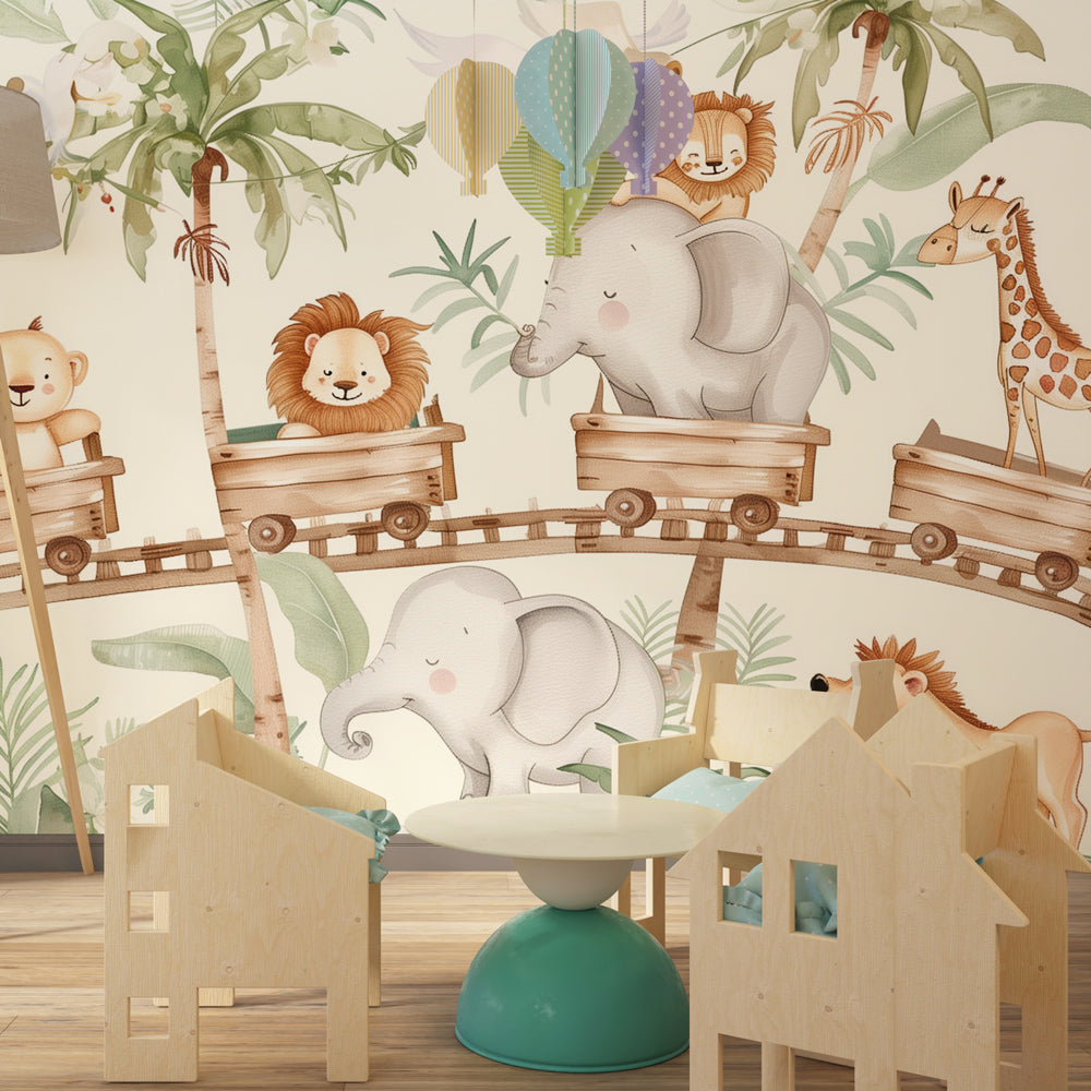Playful safari wallpaper creating vibrant jungle adventure theme in children's bedroom