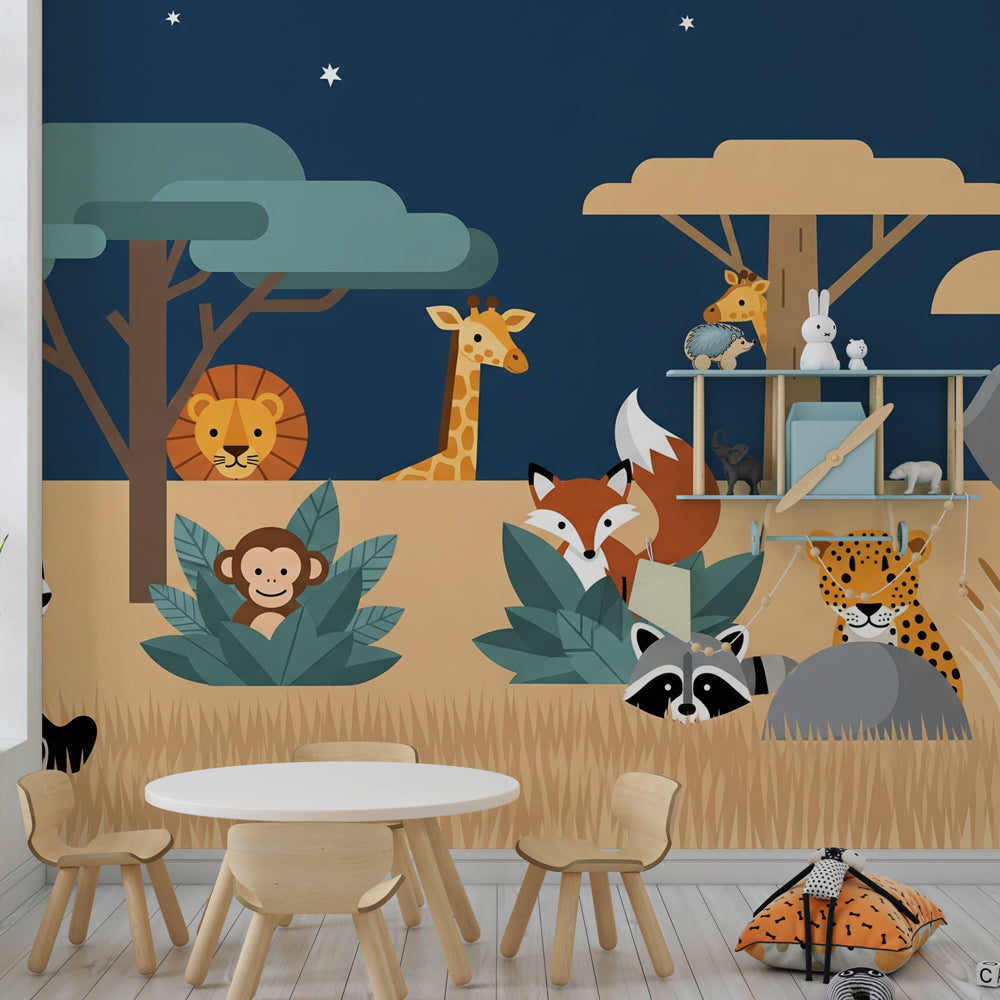 Safari animals under starry sky mural wallpaper transforming kids room decor
