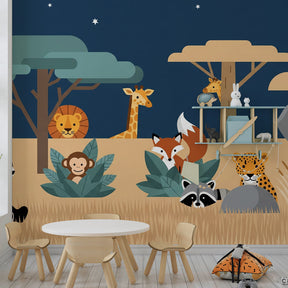 Safari animals under starry sky mural wallpaper transforming kids room decor
