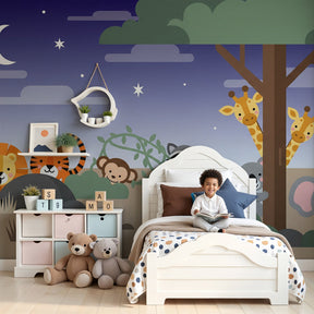 Safari animal mural wallpaper in modern nursery with hiding animals under stars by Kids-Mundo