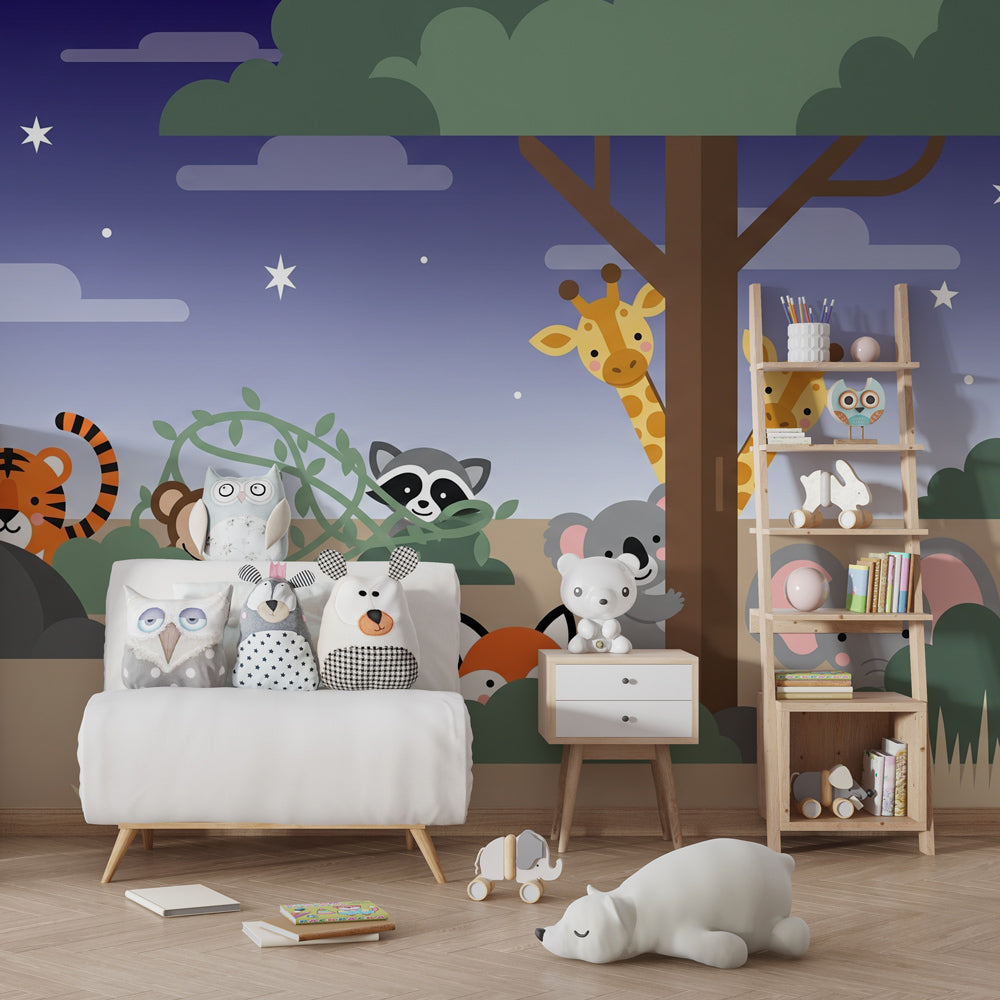 Animal hide and seek mural wallpaper transforming kids playroom into safari adventure