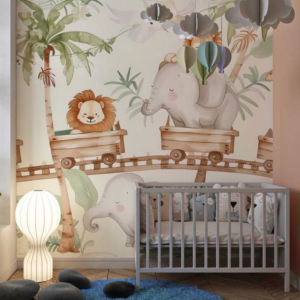 Colorful safari animal wallpaper transforming playroom into exotic jungle paradise for kids