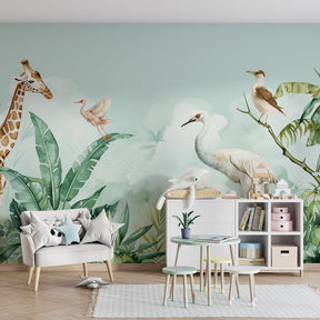Tropical safari wallpaper creating jungle themed kids bedroom with giraffes and birds