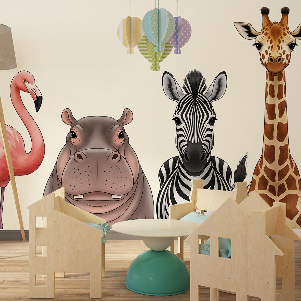 Kids-Mundo flamingo, hippo, zebra and giraffe mural on a feature wall in a kids bedroom