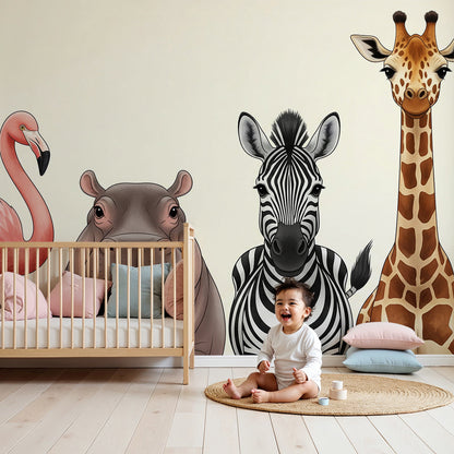 Kids-Mundo safari animal portrait wall mural styled in a bright, playful nursery with a cot