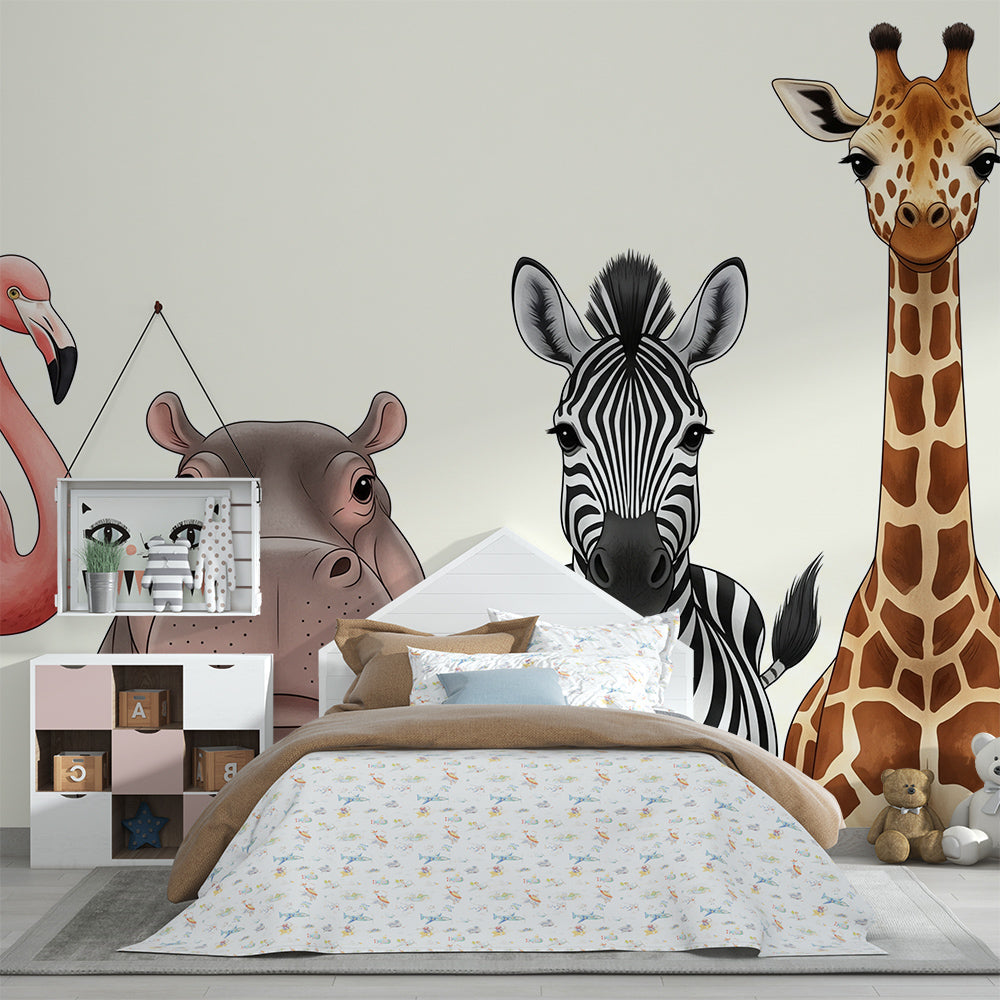 Kids-Mundo safari friends animal portrait wall mural brightening a children's playroom