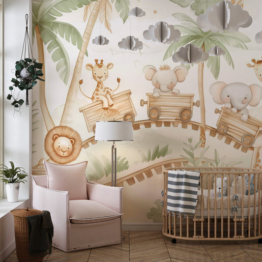 Kids-Mundo giraffe and lion safari train wall mural on a feature wall in a kids bedroom
