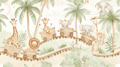 Kids-Mundo flat artwork of giraffes, a lion and elephants riding a train through the jungle