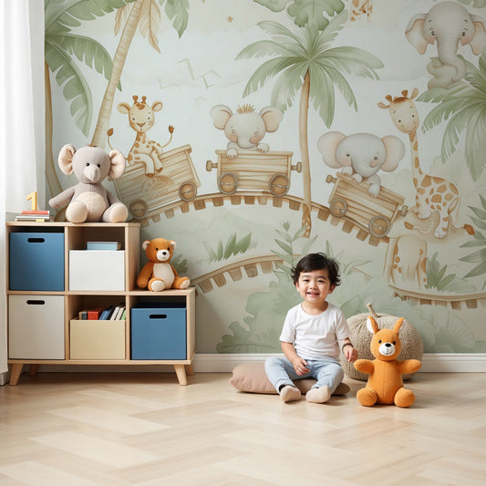 Kids-Mundo safari animal train wall mural styled behind a cot in a soft jungle-themed nursery