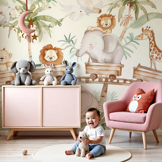 Kids-Mundo safari train wall mural with lions and an elephant styled behind a cot in a soft nursery