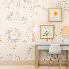 Gentle safari wallpaper in modern baby room with beige and pastel animal characters by Kids-Mundo