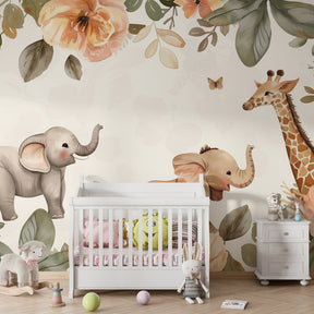 Floral safari wallpaper creating peaceful atmosphere in baby bedroom with natural decor