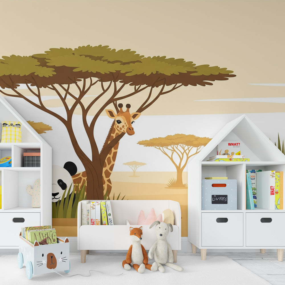 Safari themed mural wallpaper transforming baby room with soft beige and green savanna design
